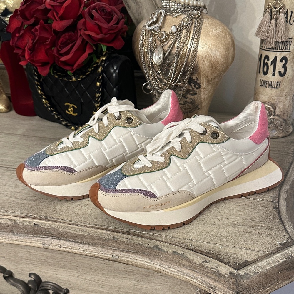 Kurt Geiger White Quilted Sneakers with Pink Heel and Multicolor Accents